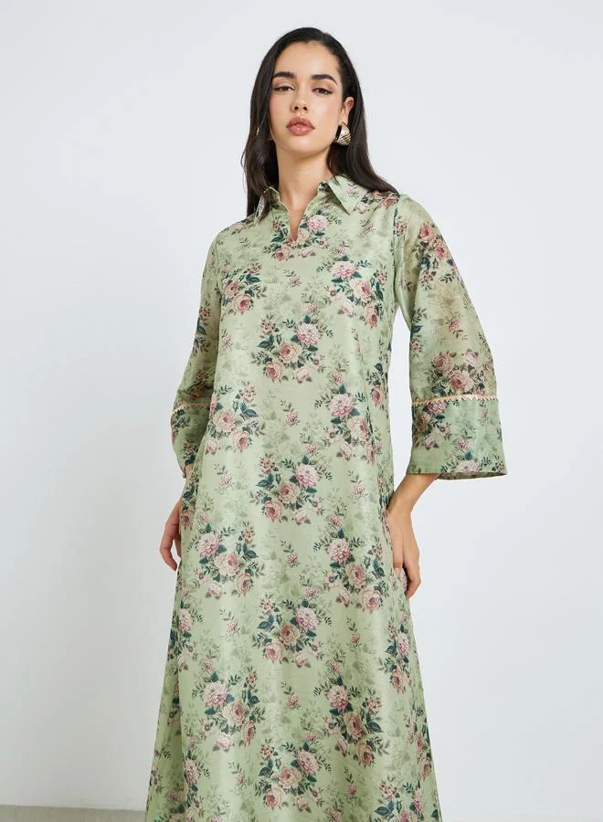 Amirah Women Green Floral Print A-Line Jalabiya